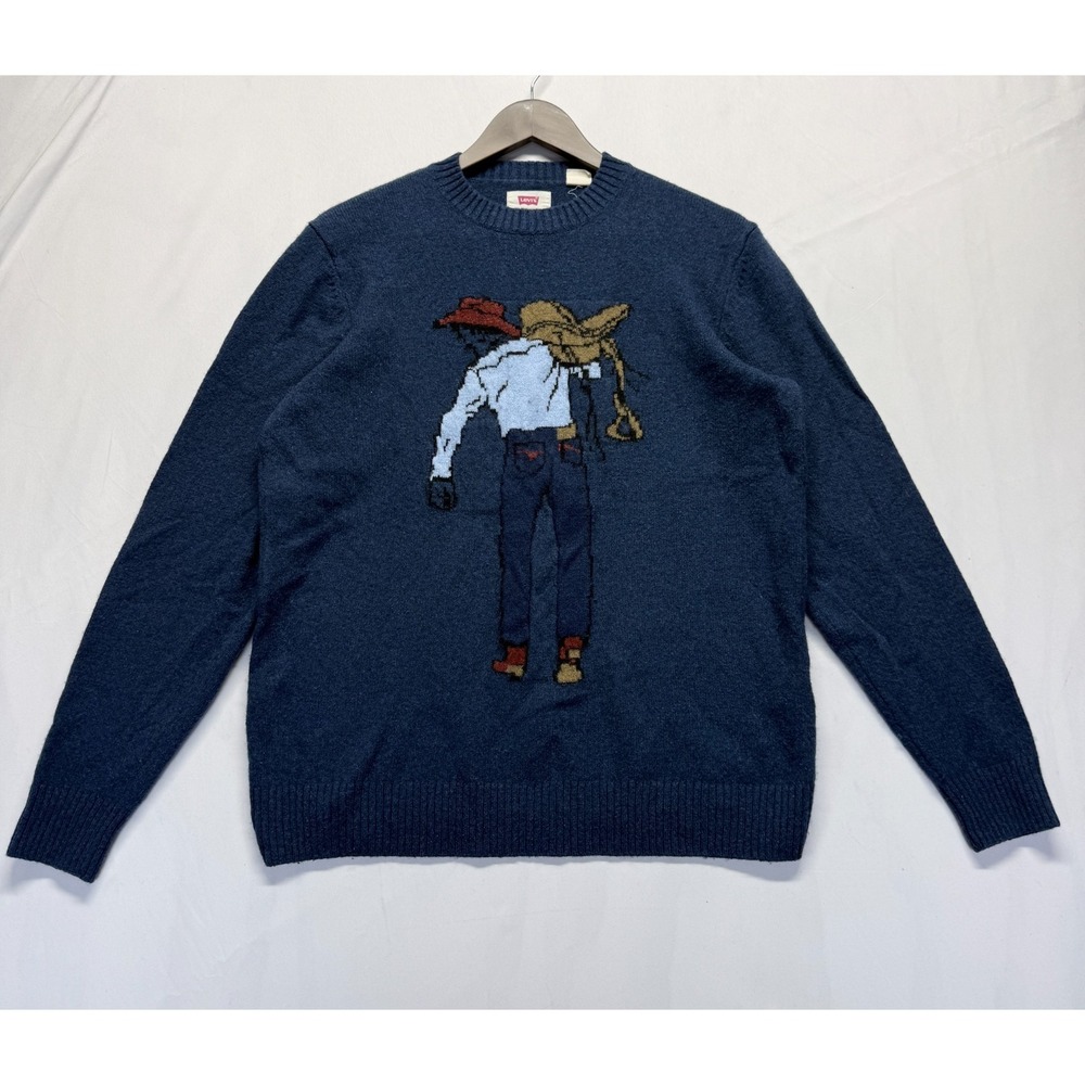 Levi's Original Housemark Sweater Men L Blue Cowboy Carrying Saddle Standard Fit